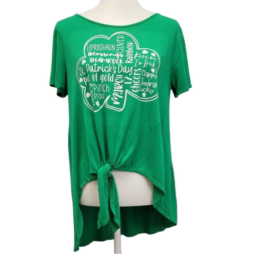 Hand Printed Upcycled Womens Large St Patrick's Day Shamrock Irish Luck Tee